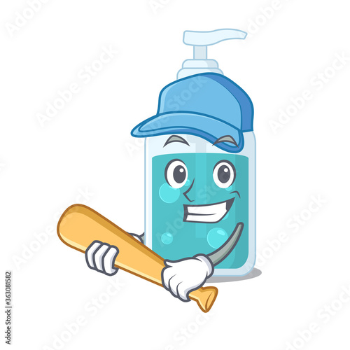 Attractive hand sanitizer caricature character playing baseball