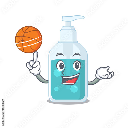 Sporty cartoon mascot design of hand sanitizer with basketball