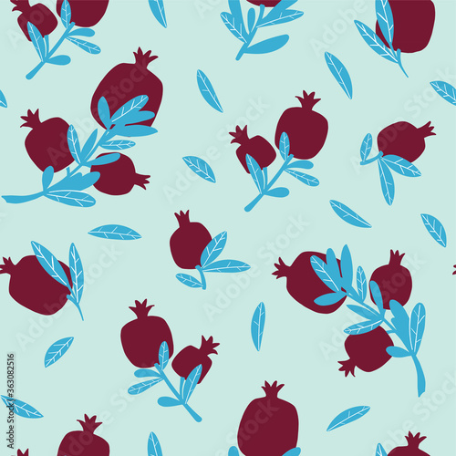 Card pomegranate with leaves, seamless pattern, vector illustration, cute styling