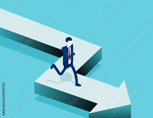 Businessman run on the arrow path. Business direction