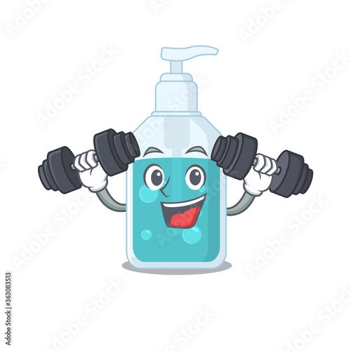 Hand sanitizer mascot design feels happy lift up barbells during exercise