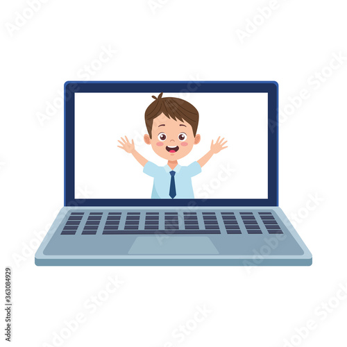 little student boy with uniform in laptop character