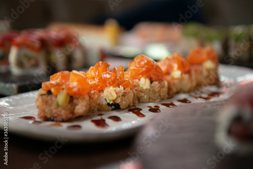 crispy roll topped with salmon