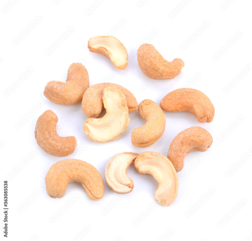 Roasted cashew nuts on white background