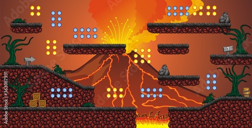 mountain lava Tileset Platform for creating Game - A set of layered vector game asset, 
contains background, ground tiles and several items, objects, decorations,
used for creating mobile games