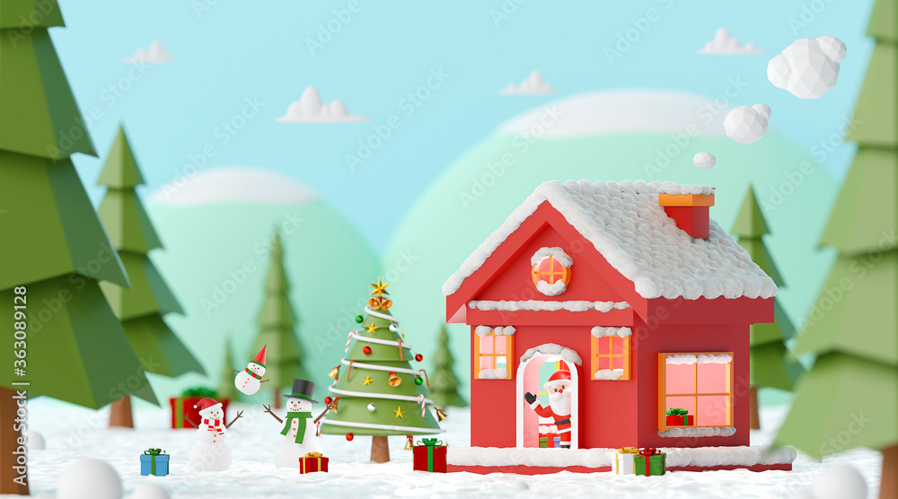 Merry Christmas and Happy New Year, Christmas Party with Santa Claus and Snowman at the red house in a pine forest, 3d rendering