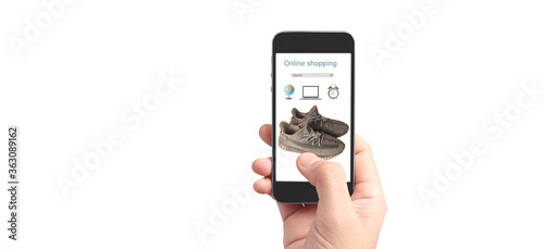 Hand holding smartphone device and touching screen, Business owner working. Online shopping SME entrepreneur