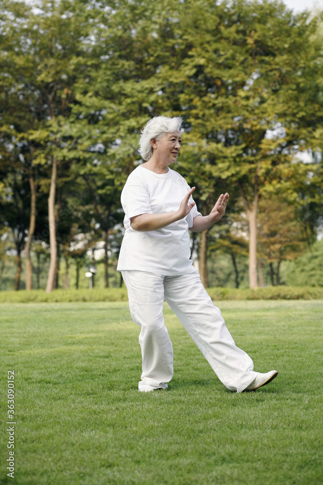 Senior woman practising tai chi in the park