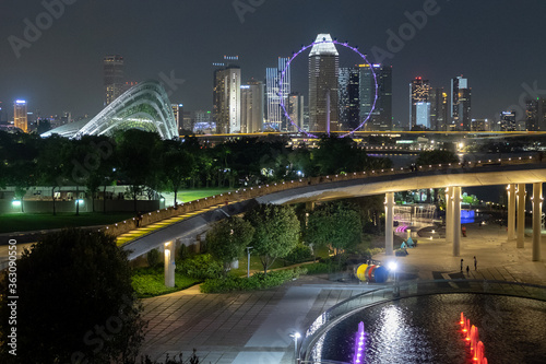 Singapore   August 19   2018 - garden ecosystem beside singapore barrage show night skyscrapers of singapore