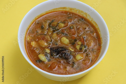 Alu wal chi Bhaji, Colocasia leaves and beans curry, authentic konkani maharashtraian dish, Indian traditional food photo