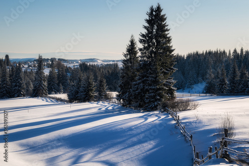 Winter scene in the morning in a village in Romania