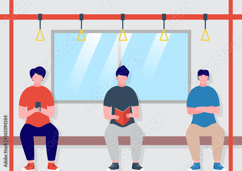 subway train car interior with passengers cartoon vector illustration