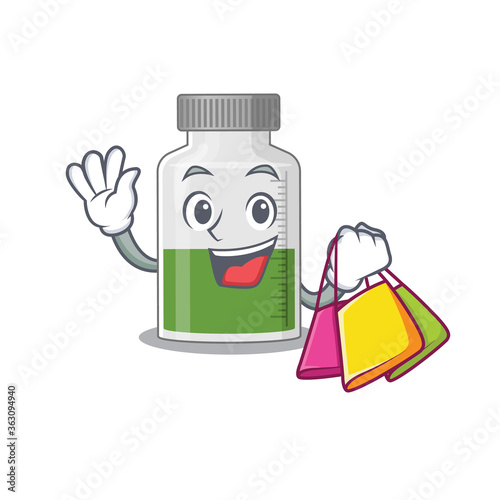 wealthy vitamin syrup cartoon character with shopping bags