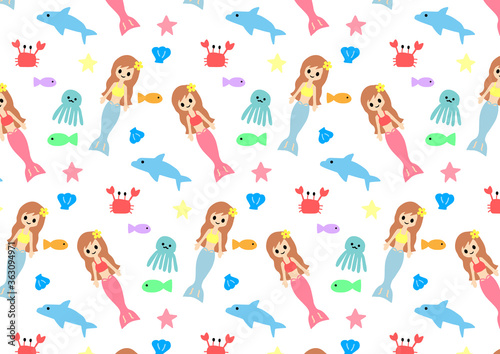                                                                      doodles summer mermaid seamless pattern
