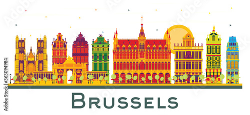 Brussels Belgium City Skyline with Color Buildings Isolated on White.