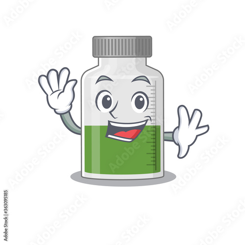 A charming vitamin syrup mascot design style smiling and waving hand