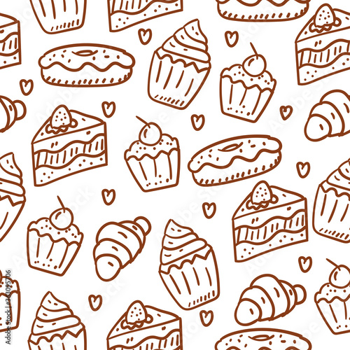 Cakes seamless pattern draw with doodle pattern with brown style suitable for background and wallpaper