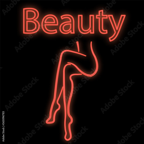 Bright luminous red neon sign for a bar of a beauty salon. Beautiful brilliant beauty spa with a sitting woman with a slim figure and legs on a black background. Vector illustration