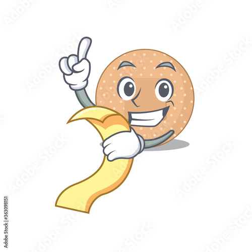 Rounded bandage mascot character style with food and beverage menu on his hand