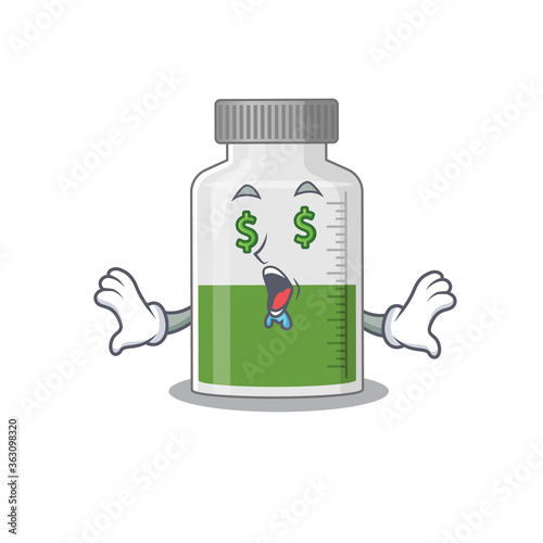 wealthy cartoon character concept of vitamin syrup with money eyes