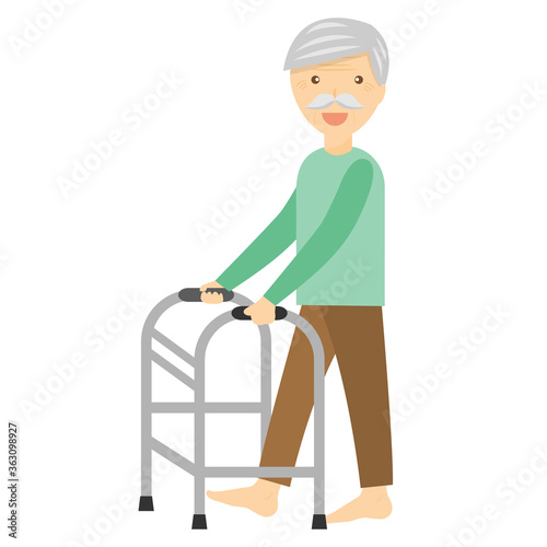 The barefoot old man using walker to walk alone isolated on white background vector