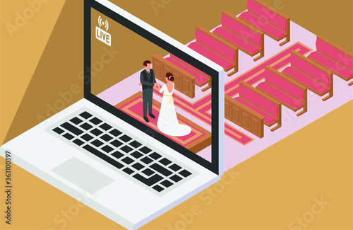 A couple having online wedding ceremony at church and show it live via online