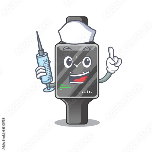 A dedicate smart watch nurse mascot design with a syringe