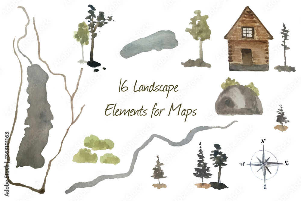 Watercolor of nature and rural landscape elements set of isolated on ...