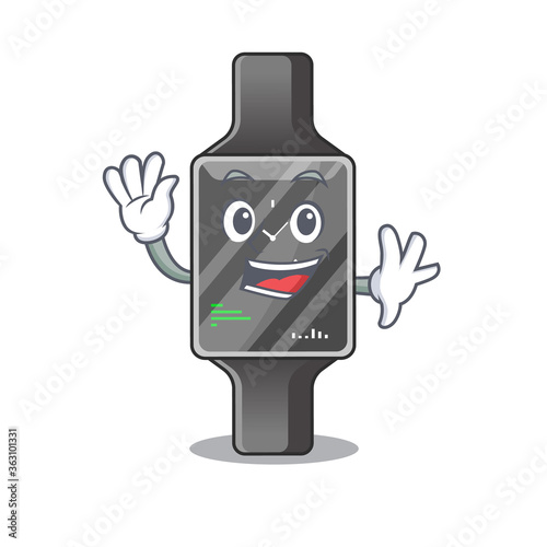 A charismatic smart watch mascot design concept smiling and waving hand
