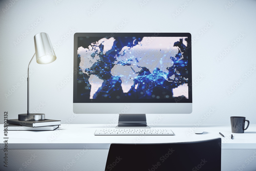 Abstract creative digital world map on modern laptop monitor, tourism and traveling concept. 3D Rendering Abstract creative digital world map on modern laptop monitor, tourism and traveling concept. 3D Rendering