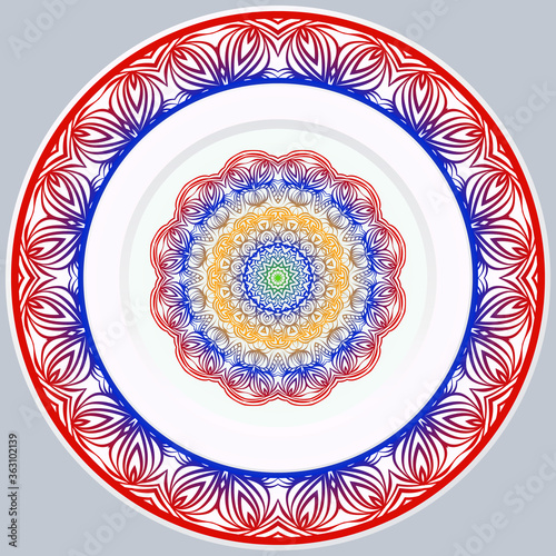 decorative plates for interior design. Empty dish, porcelain plate mock up design. Vector illustration. Decorative plates with Mandala ornament patterns. Home decor background