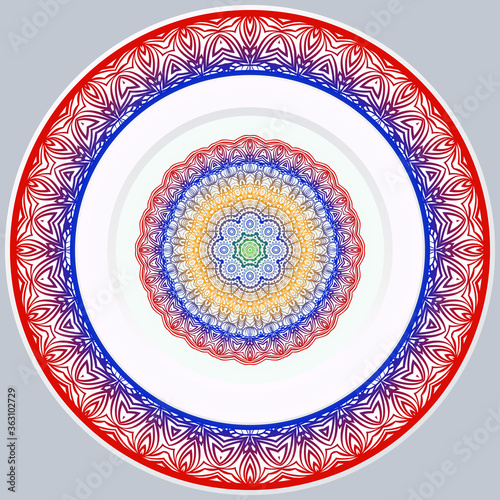 decorative plates for interior design. Empty dish, porcelain plate mock up design. Vector illustration. Decorative plates with Mandala ornament patterns. Home decor background