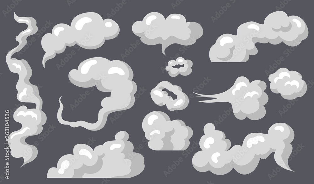 Steam clouds set. Various smoke shapes, comic fog or gas, exhaust fumes