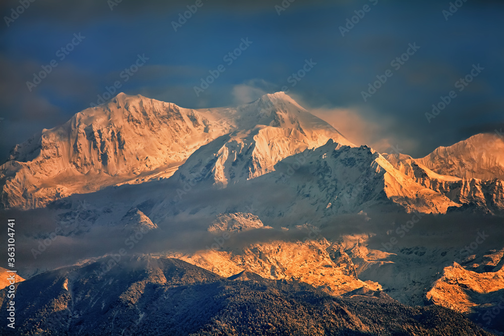 Obraz premium Kangchenjunga close up view from Pelling in Sikkim, India. Kangchenjunga is the third highest mountain in the world.