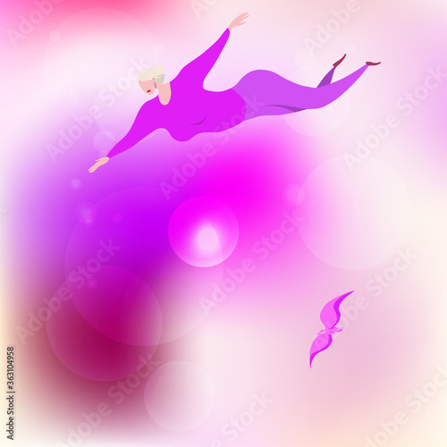 Freedom and liberation. Young attractive girl cartoon character flies in a dream. Blurred background illustration vector