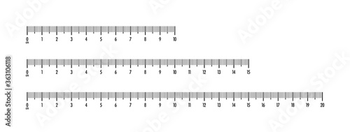 Centimeter measuring scales set. Black indicators and numbers for cm rulers of different sizes with horizontal calibration. Vector illustration for measuring, architecture, geometry concept