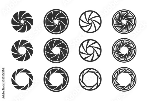 Camera shutter symbol set. Lens aperture, diaphragm, zoom signs, graphic elements. Photographer or filming concept, photo studio or store logo template.