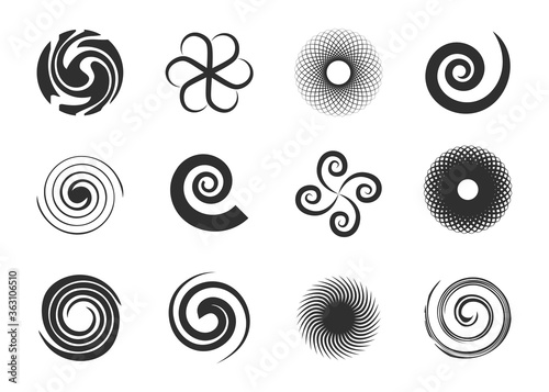 Circular swirls set. Twisted spiral circles, black various whirlpool, speed twirls, abstract graphic round shapes with motion effects. Can be used for psychedelic effect, circular movement topics