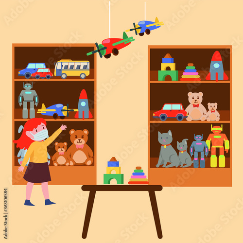 A girl choosing toy at toys shop while keep using medical mask illustration