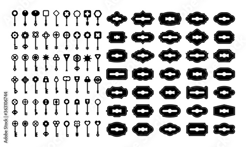 Vintage keys and keyholes sets. Elegant keys and key ways for antique gates or old house doors, silhouettes for secret or lock concept, simple logo design