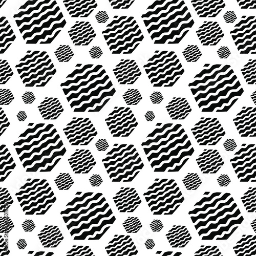 Seamless vector pattern. Hexagon pattern. Black elements. Decorative waves. Interesting and modern pattern.
