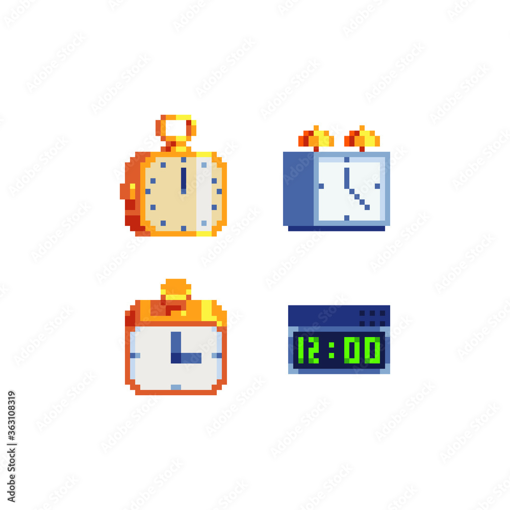 Vecteur Stock Clocks and watches icons set pixel art alarm electronic