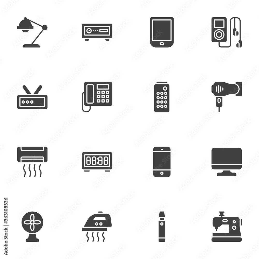 Home appliances vector icons set, modern solid symbol collection, household equipment filled style pictogram pack. Signs, logo illustration. Set includes icons as desk lamp, telephone, iron, fan, ac Home appliances vector icons set, modern solid symbol collection, household equipment filled style pictogram pack. Signs, logo illustration. Set includes icons as desk lamp, telephone, iron, fan, ac