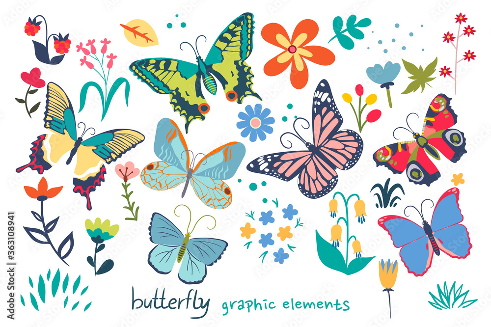 Butterfly and flowers graphic elements isolated on white background. Vector graphics