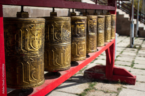 Detail of buddhist prayer wheels in religion temple in Ulaanbaatar, Mongolia