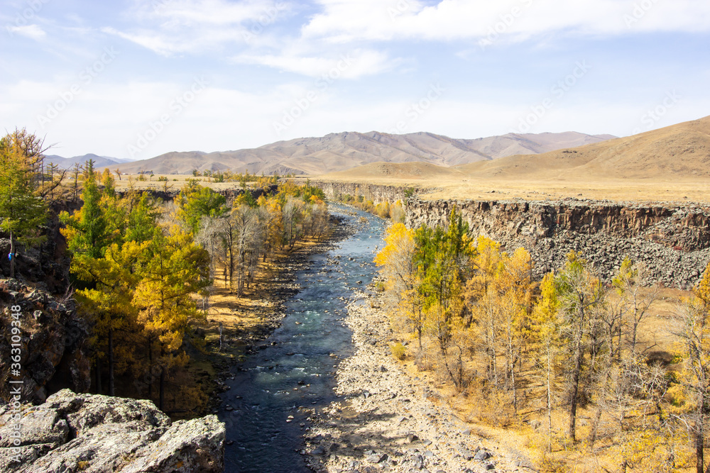 Canyon of Orkhon river during autumn in national park, desert Gobi, Mongolia