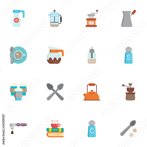 Coffee shop elements collection, flat icons set, Colorful symbols pack contains - coffee grinder, teapot, take away drink, sugar shaker, cezve, pitcher, tea cup. Vector illustration. Flat style design