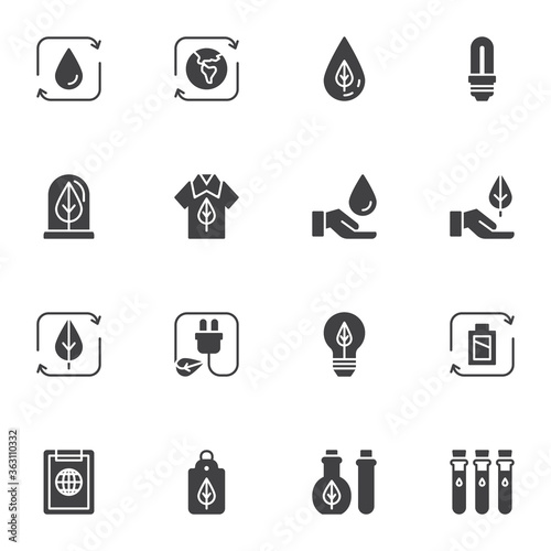 Eco energy vector icons set, ecology modern solid symbol collection, filled style pictogram pack. Signs, logo illustration. Set includes icons as green energy, recycling battery, led lamp, light bulb