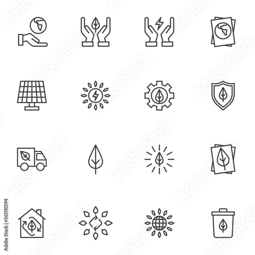 Ecology energy line icons set, outline vector symbol collection, linear style pictogram pack. Signs logo illustration. Set includes icons - solar panel, earth planet, recycle bin, eco renewable energy