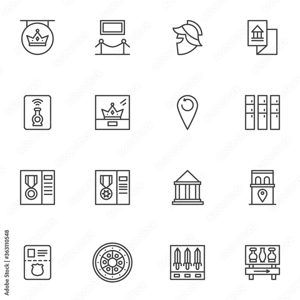 Museum exhibits line icons set, outline vector symbol collection, linear style pictogram pack. Signs, logo illustration. Set includes icons as ancient knight's helmet, medieval weapons, king crown